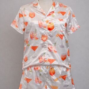 Satin Pajama Set Women's Size L Martini Print Button Up Sleepwear Set